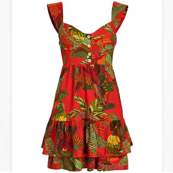 Farm Rio Dress Tropical Toucan Parrot Jungle Linen Sleeveless Red Green Leaf NWT - Picture 1 of 15
